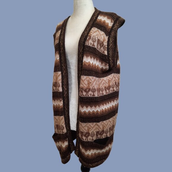 Alpaca Fina Long Sleeveless Cardigan Peruvian Sweater Vest Brown Beige Size M - Picture 2 of 10